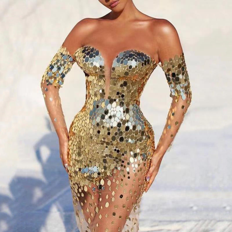 Summer New Cross-border European and American Women's Dress Sequin off-shoulder Sexy Mesh Perspective Long Evening Dress