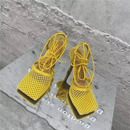 Female Square Toe High Heel Lace Up Cross-Tied Stiletto Hollow Dress Shoes New Sexy Mesh Pumps Sandals