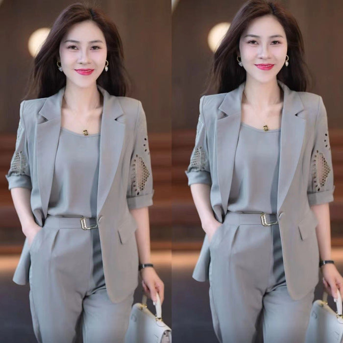 Professional Suit three-piece women's 2023 new fashion summer slimming foreign temperament harem pants suit thin