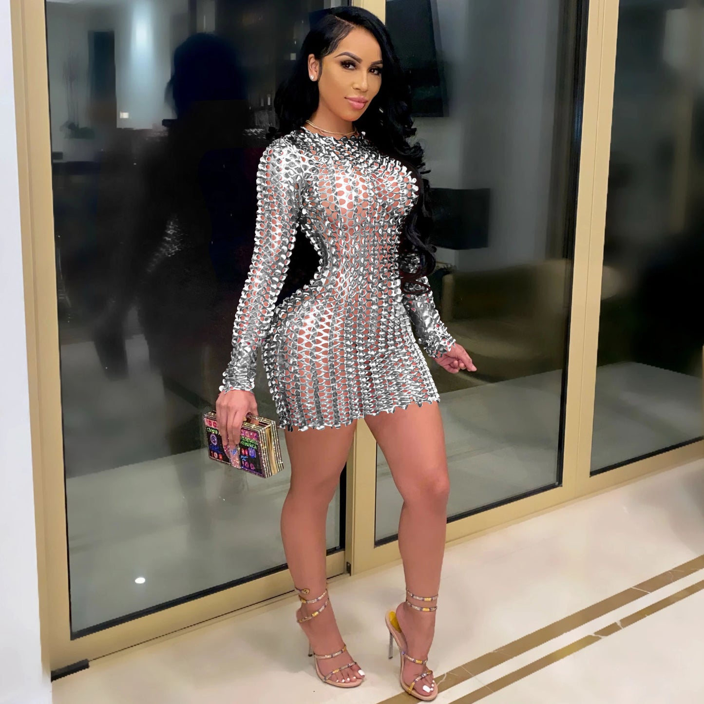 Hollow Bright Color Fashion Sheath Nightclub Dress