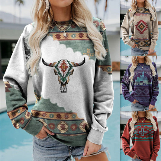 Autumn Winter Vintage Western Style Sweatshirt Women New Year 2022 Round Neck Long Sleeve Top Loose Casual Punk Pullover Hoodies