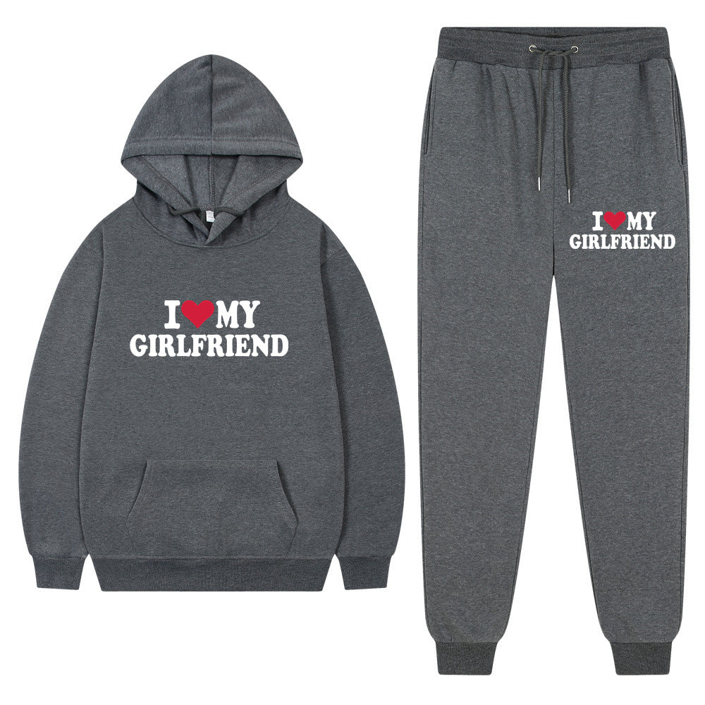 I love my girlfriend print casual suit sweatshirt 2023 New Fashion men long sleeve hoodie trousers