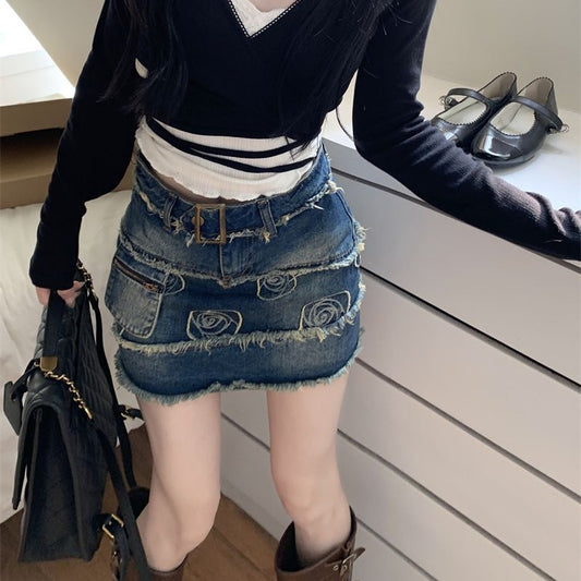 Deeptown Vintage Denim Short Skirt Women Sexy Y2k Floral Coquette Mini Skirts Sweet Retro Streetwear Casual A-line Jean Skirt