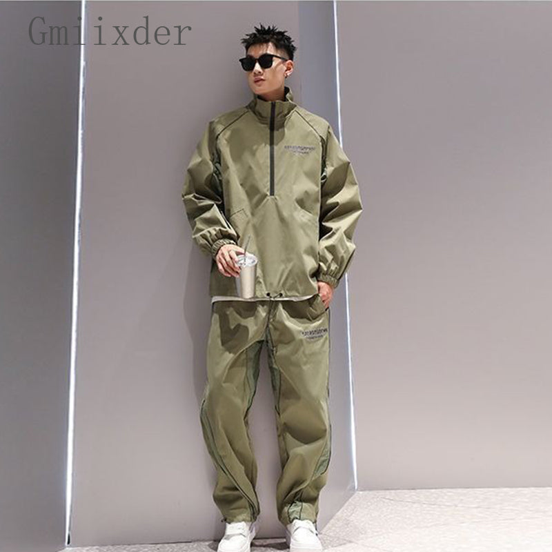 Trendy Letter Reflective Stand Collar Top Men's Korean Style 2024 Autumn Winter New Casual Pants Half-Zip Pullover Jacket Chic