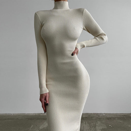 Women's High Collar Mid-length Pit Knitted Dress Solid Color Woolen Tight Sexy 2022 Autumn and Winter European and American Dress