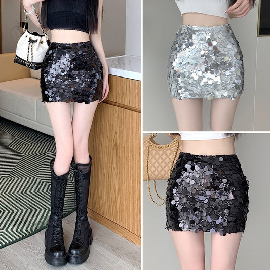 Real shot Yi Mengling with heavy industry pure sequins skirt 2023 hot girl half-length hip A- shaped silver skirt women