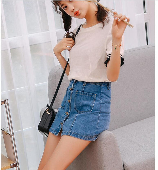 Denim Skirt High Waist A-line Mini Skirts Women 2020 Summer New Arrivals Single Button Pockets Blue Jean Skirt Style Saia Jeans