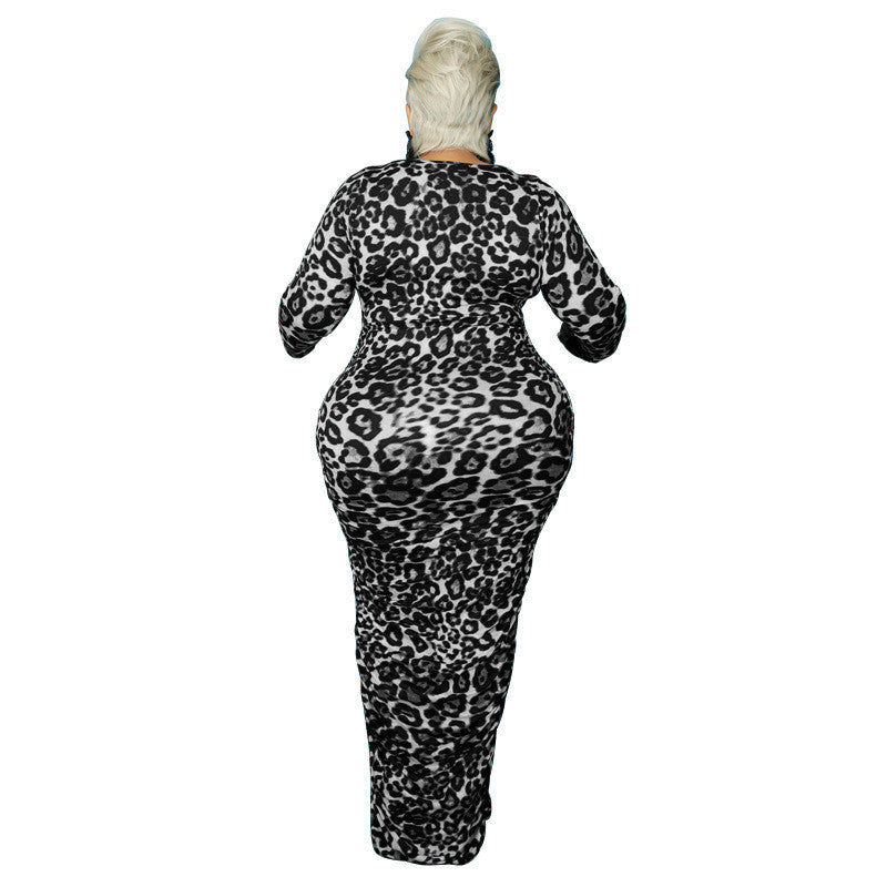 Leopard Dress Plus Size Women Clothing Bodycon Stretch New Elegant Maxi Dress Fall Winter Clothes