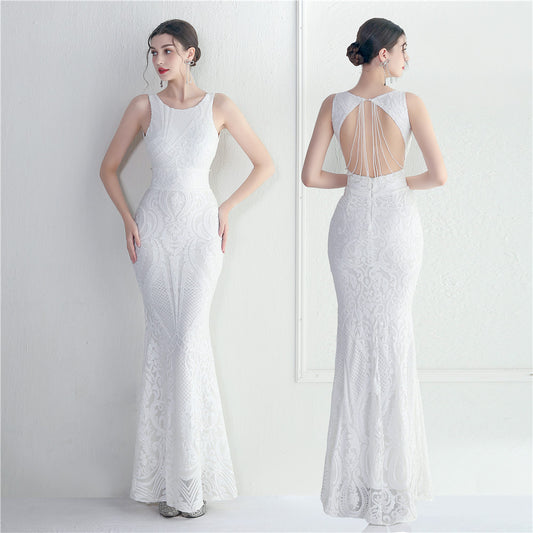19920# Big Backless Bead Craft Sequin Embroidery Stage Concert Car Model Banquet Wedding Long Evening Dress