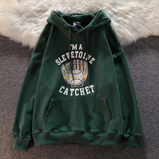 Dark green American baseball gloves printed Hoodie youth fashion Sweatshirt fall Vintage men's and women's loose Hoodie