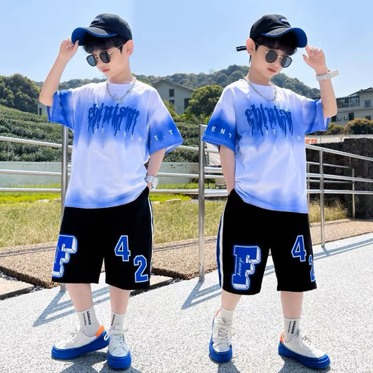 2024 New Boys Summer Quick-dry Suit Children Streetwear Boy Short Sleeve TShirt + Shorts Two-piece Sports Set Baby Loose Outfits