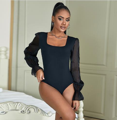 Mesh stitching long-sleeved vests Europe and America women's hot new U-neck umbilical tops