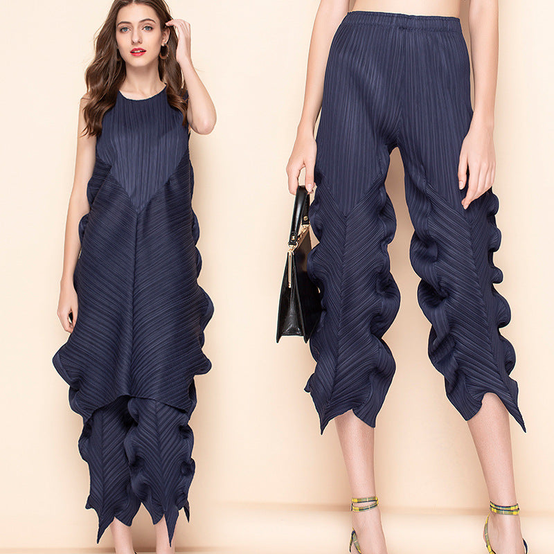 Pleated seaweed loose stretch casual pants summer Sanzhai cropped harem pants design personality tapered women's pants fashion