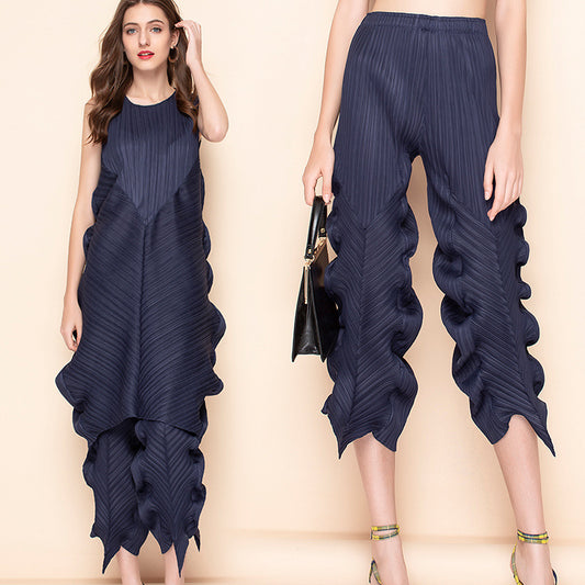Pleated seaweed loose stretch casual pants summer Sanzhai cropped harem pants design personality tapered women's pants fashion