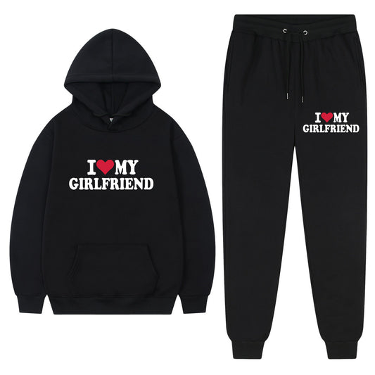 I love my girlfriend print casual suit sweatshirt 2023 New Fashion men long sleeve hoodie trousers