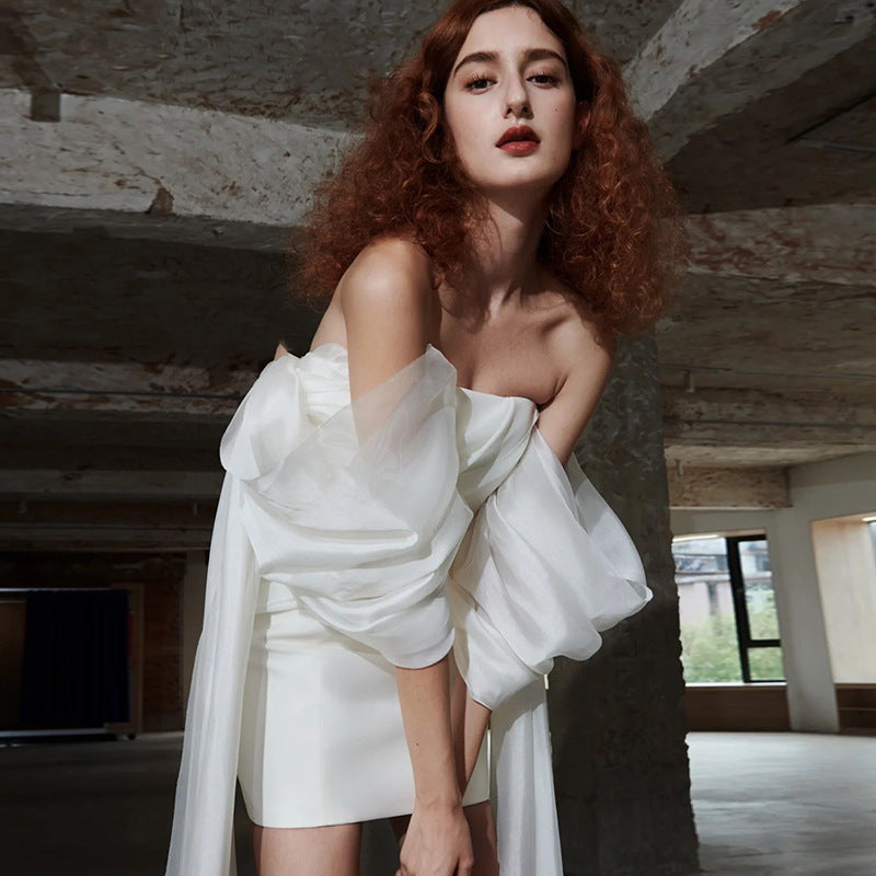 One-Shoulder Light Wedding Dress French Simple Retro Elegant Out-door Yarn Welcome Short Light Dress Wedding Dress