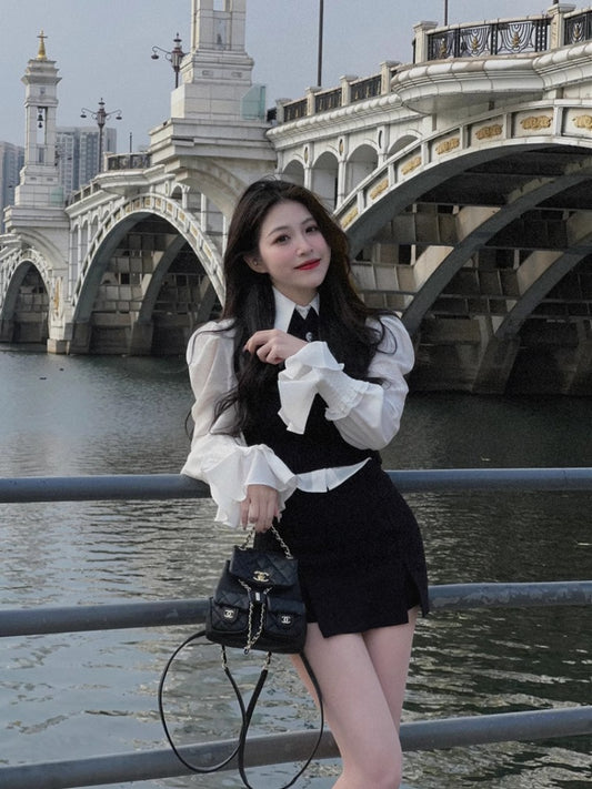 American Academy Shirt Vest Skirt Three Piece Set Women Lapel Spicy Girl Splice Slim Korean Fashion Slim Spring Chic Lady Suit