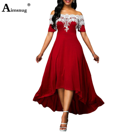 2023 europeo americano taglia 5xl donna elegante lungo Maxi vestito Slash Neck Party abiti da sera signore Vintage Splice Lace Dress