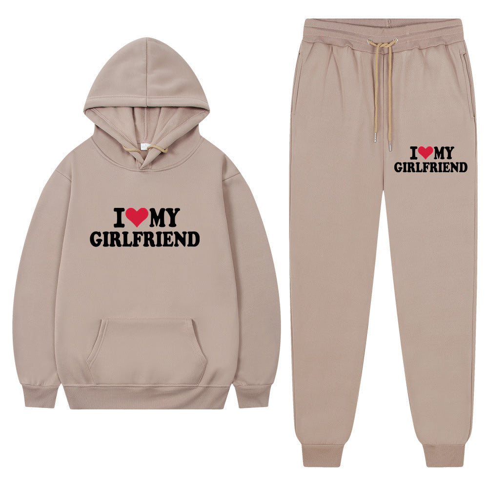 I love my girlfriend print casual suit sweatshirt 2023 New Fashion men long sleeve hoodie trousers