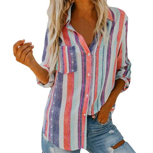 Autumn and Winter New European and American Fashion Colorful Stripe Large Shirt