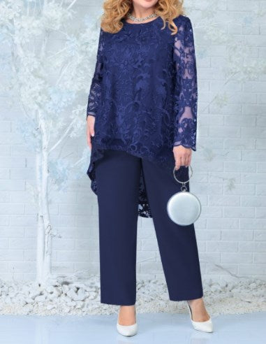 Set with Women's Pants and Lace Overlay Blouse - Plus Size