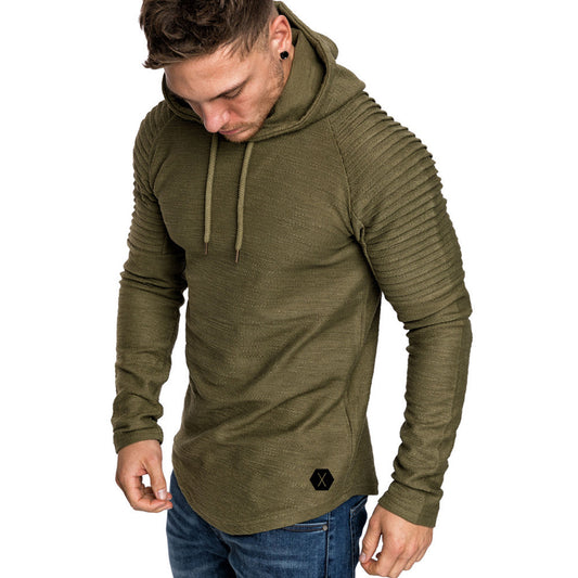 Men's large size round neck slim fit solid color hooded long-sleeved t-shirt striped pleated raglan sleeves Europe and the United States