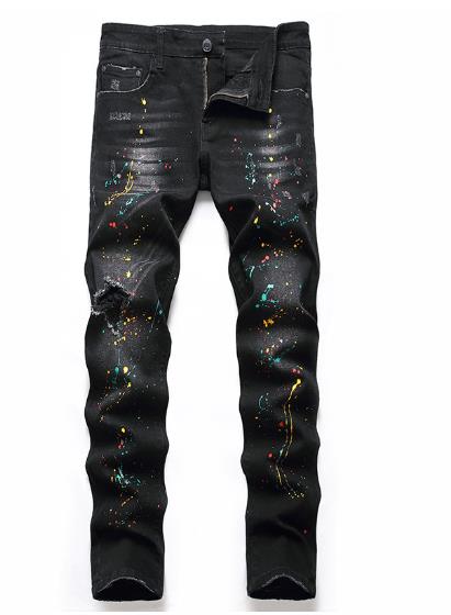 Splashed graffiti ripped stretch-leg jeans