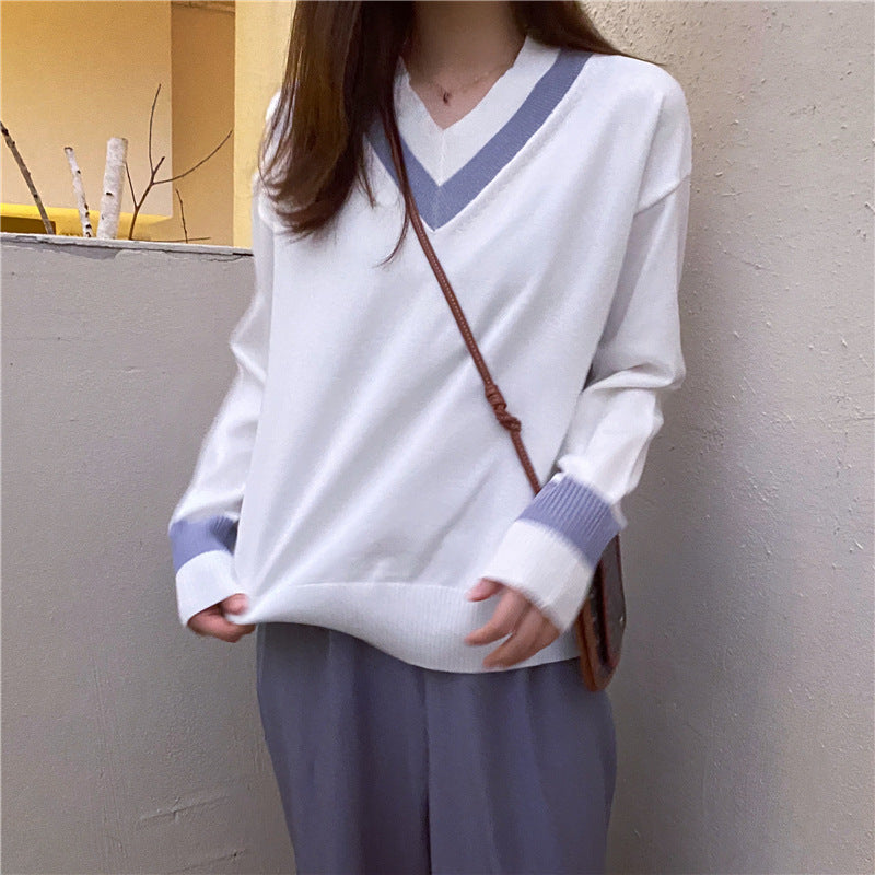 Sweater women's loose outer wear pullover, sweater women's loose outer wear pullover lazy style student ins forest style long sleeve V-neck contrast color all-match knitted autumn and winter, all-match knitted
