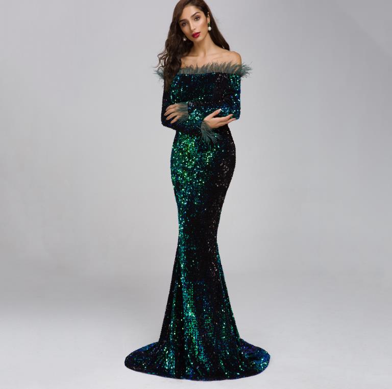 Feather sequins long evening dress