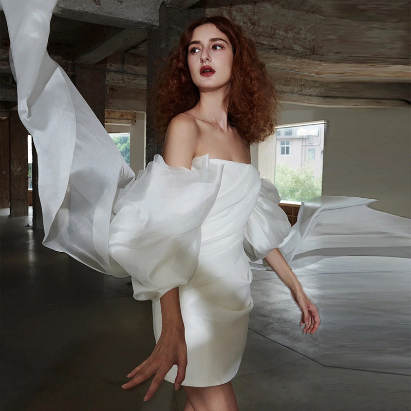 One-Shoulder Light Wedding Dress French Simple Retro Elegant Out-door Yarn Welcome Short Light Dress Wedding Dress