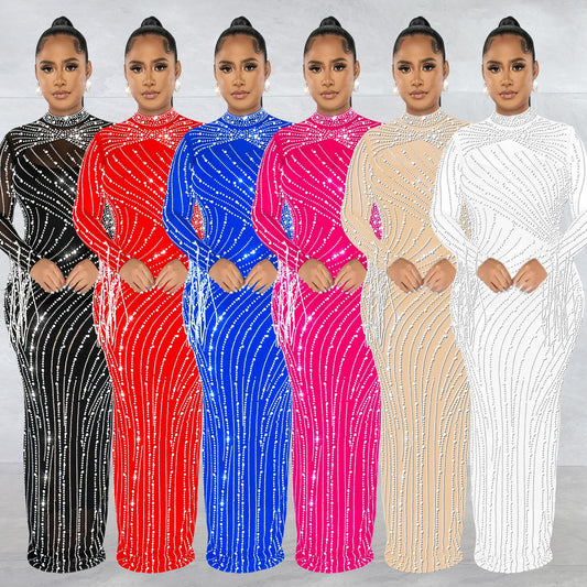 Women's Mesh See-through Rhinestone Long Sleeve Dress Lining Two-piece Set