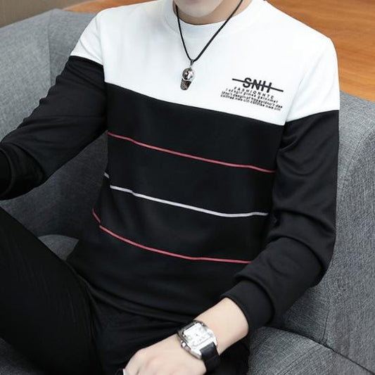 Men's Sweater Spring and Autumn Casual Sports Long-sleeved Slim Fashion Colorblocking Striped Round Neck Tops