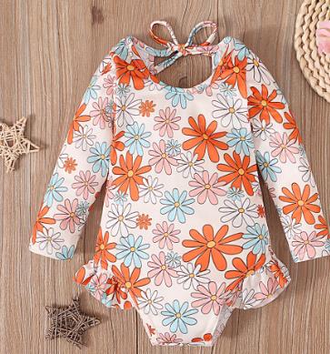 Infant Baby Girl Swimwear Lovely Floral Backless Lacing Up Long Sleeve Ruffle Hem Bodysuit Bathing Suit Kids Girl Beachwear 0-3Y