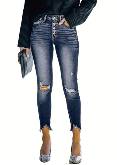 Women's Stone Wash Distressed Blue Jeans - Mid-Rise Knee Cut Raw Hem Skinny Jean Pants