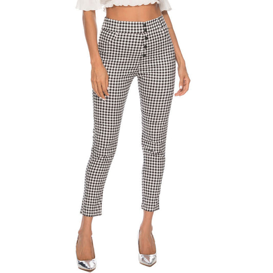 High waist plaid slim pencil feet