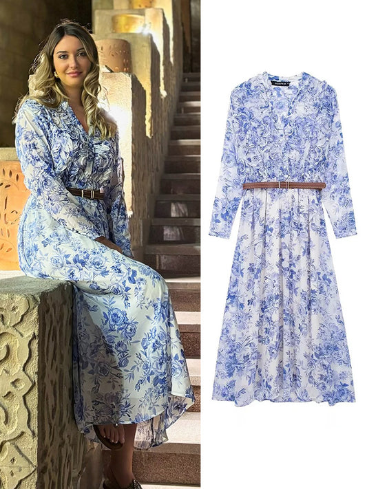 HH TRAF Women Floral Printed V-neck Long Dress Spring Elegant Pleated Chiffon Dresses with Belt Female Long Sleeve Midi Dress