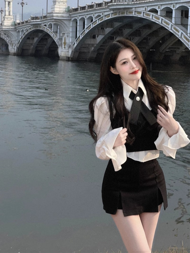 American Academy Shirt Vest Skirt Three Piece Set Women Lapel Spicy Girl Splice Slim Korean Fashion Slim Spring Chic Lady Suit