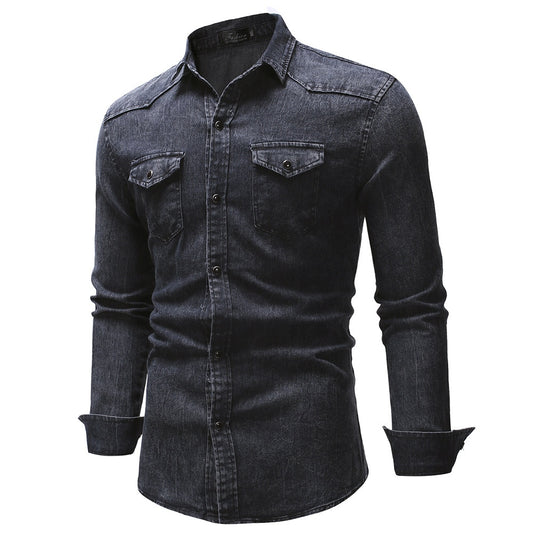 Men's New Denim Long Sleeved Shirt Gradient Denim Clothes