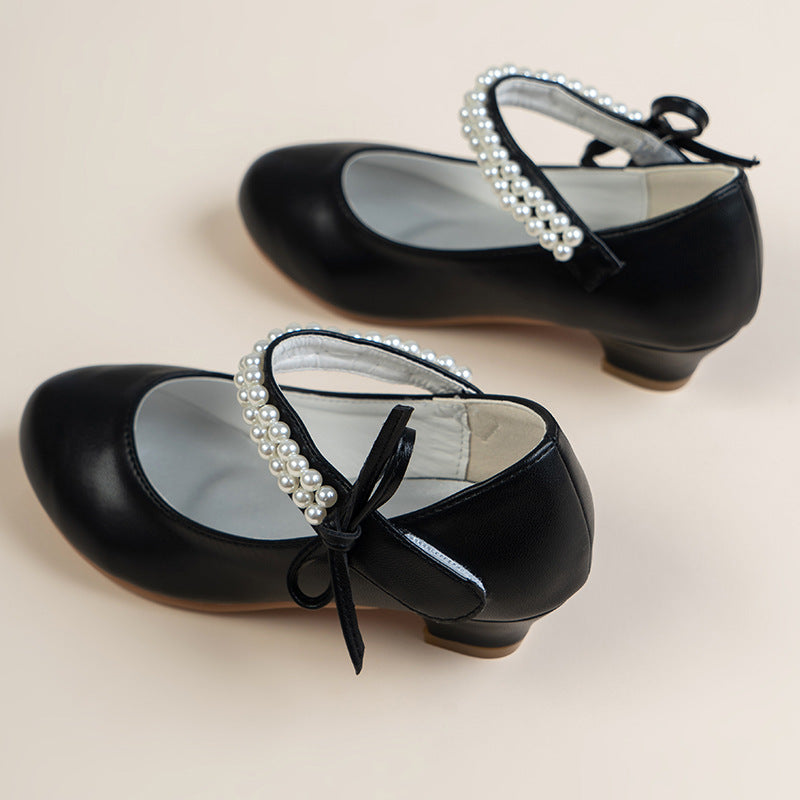 Girls High Heel Shoes  Pearl Teen Crystal Party Princess Shoes Child Wedding Formal Leather Sandals Girls Footwear Party