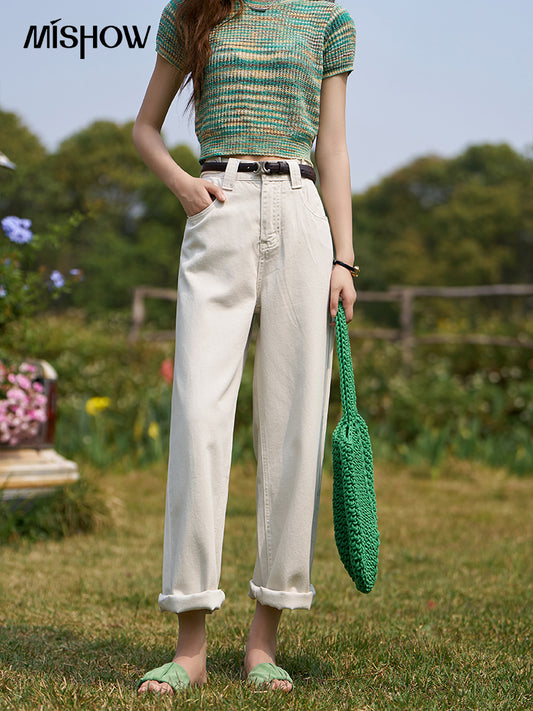MISHOW 100 Cotton Jeans for Women 2023 Summer Korean Slim High Waist Straight Pants Solid Female Ankle-Length Pants MXC33K0050