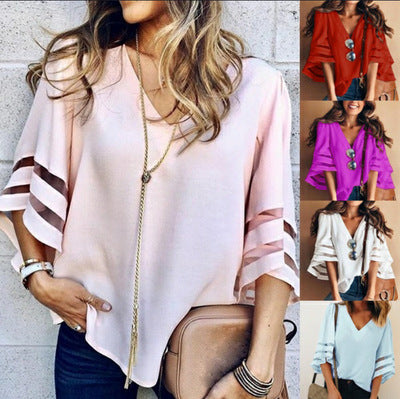 Spring and summer new large size women's Europe and the United States loose V-neck trumpet sleeve mesh stitching shirt