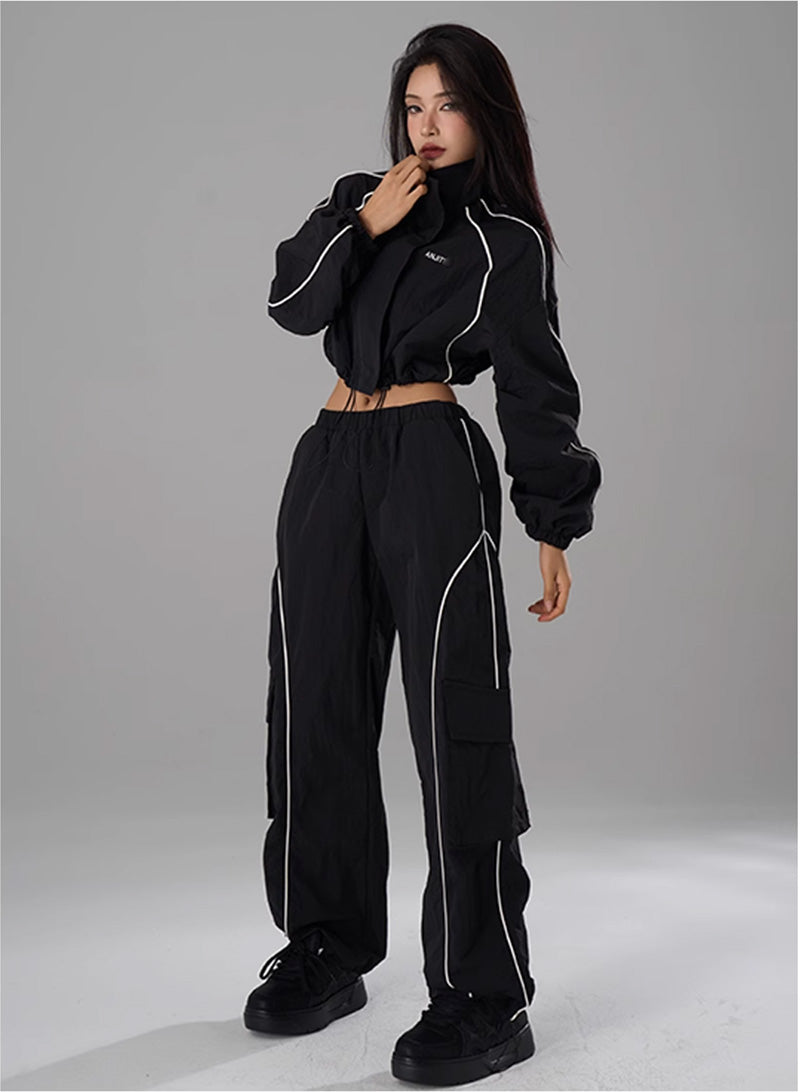 Hip Hop Sports Suit Two-piece Set Women Black Short Track Jacket +Sweatpants Joggers Dance Tracksuit Female Cropped Jacket Sets