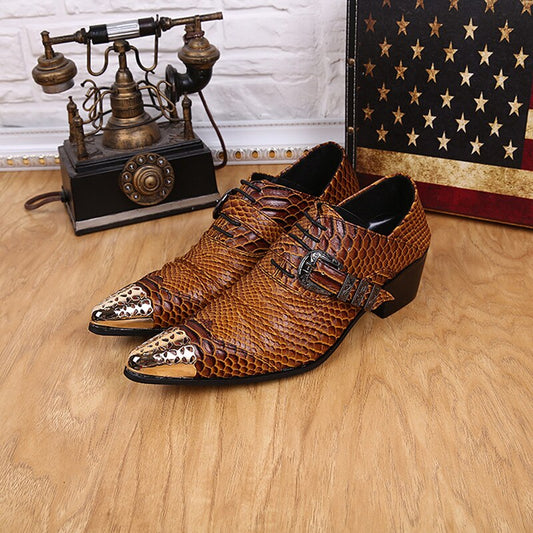 British Style Iron Head Snake Print Leather Shoes Low-Top