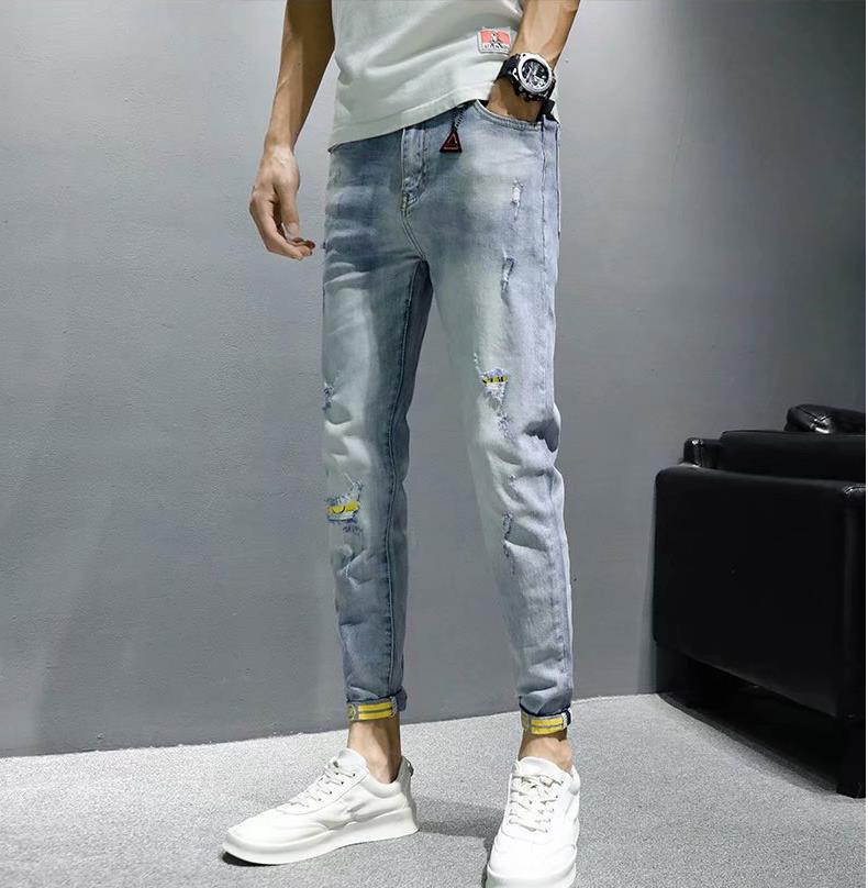 Ripped Jeans Men'S Summer Thin Section Korean Version Of The Trend Handsome Self-Cultivation Small Feet Casual Nine-Point Pants Power Tide Brand