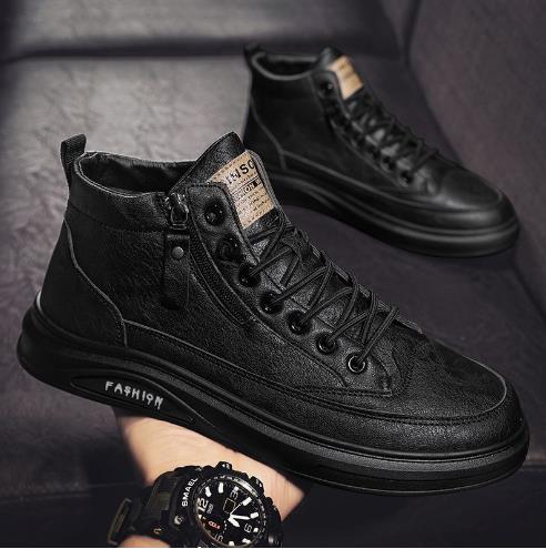 Spring men's shoes new breathable non-slip high-top chef shoes men's trendy all-match black leather shoes casual shoes board shoes