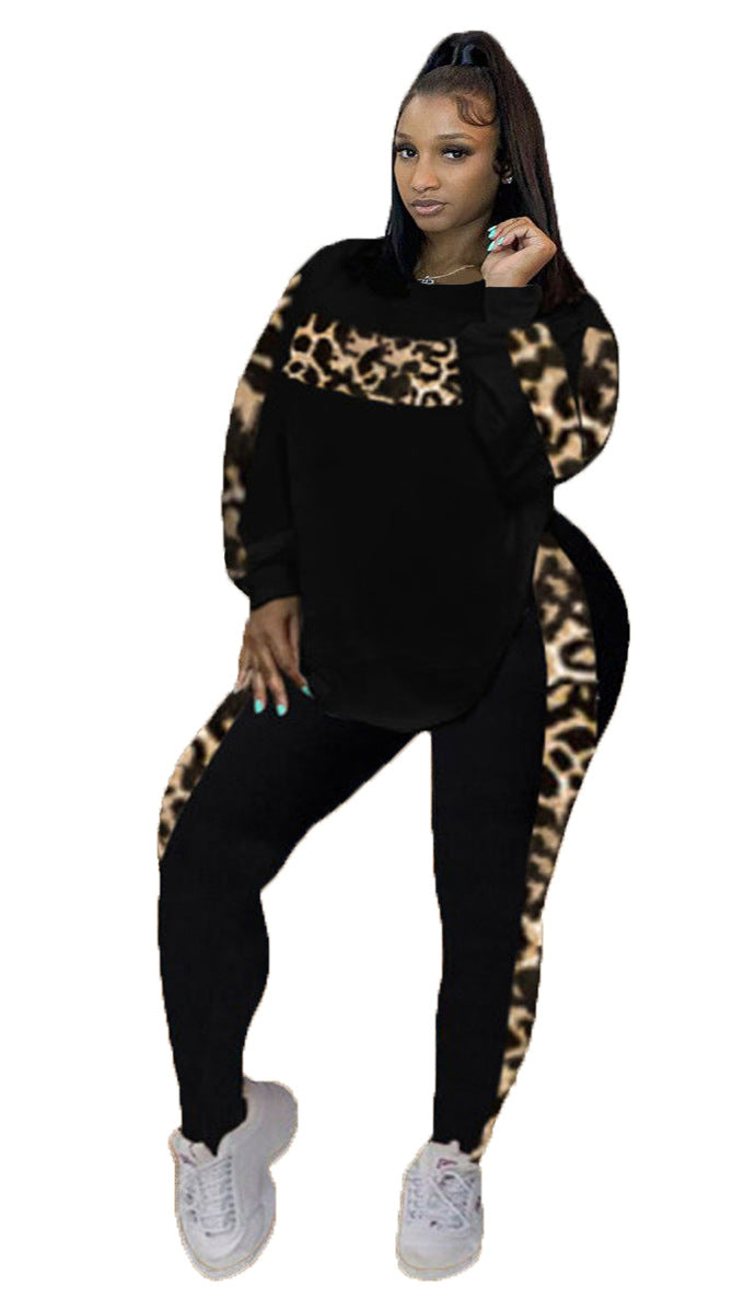 L-4XL Fall Leopard Pants Sets Women Clothing Plus Size Two Piece Outfits Long Sleeve Top Sweatpants Matching Suits