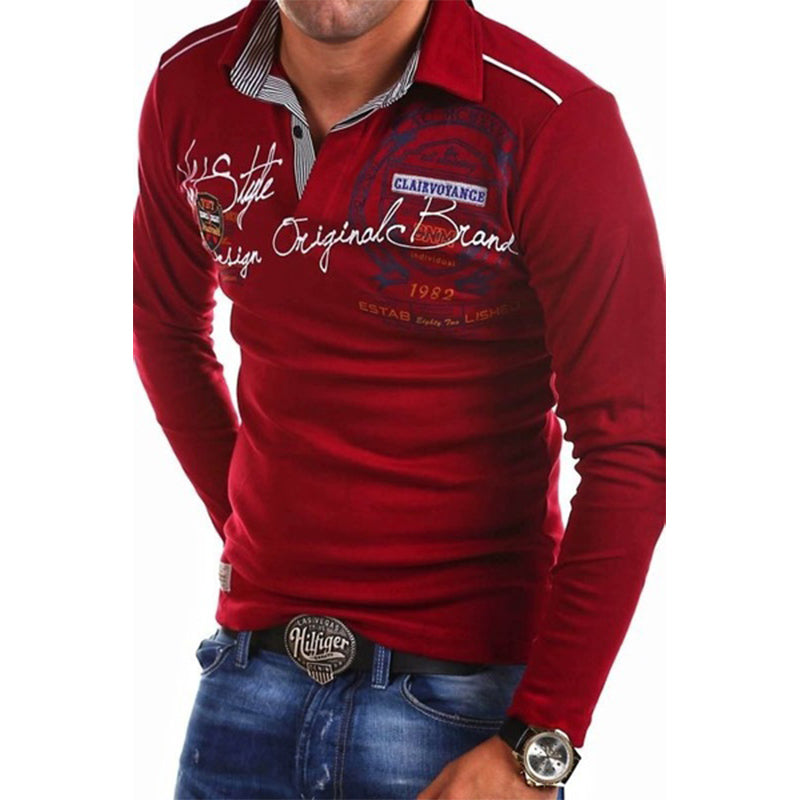 Men's fashion personality polo shirt lapel printing long sleeve