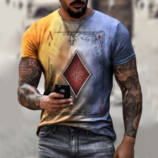 Men's Fashion Casual Simple Playing Card Printing Round Neck Short Sleeve T-Shirt Summer