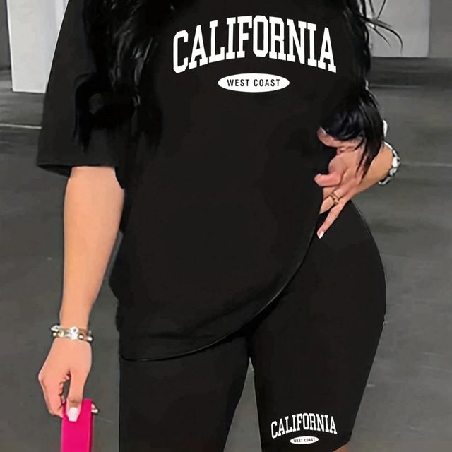 letter  Print  Two-piece Set, Short Sleeve Crew Neck Casual T-Shirt & Shorts 2pcs Outfits For Summer & Spring, Women's Clothing